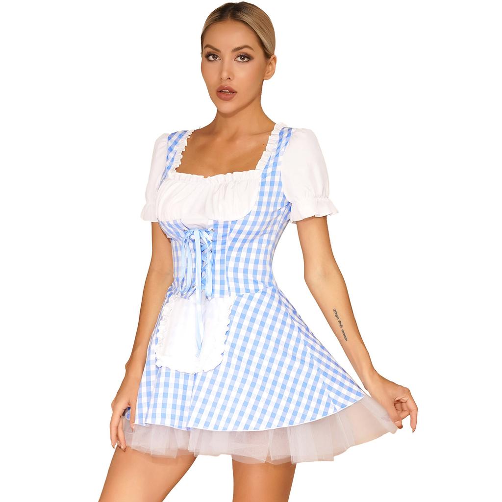 Women's French Maid Apron Cosplay Costume Lace Ruffle Tulle Plaid Fancy Dress