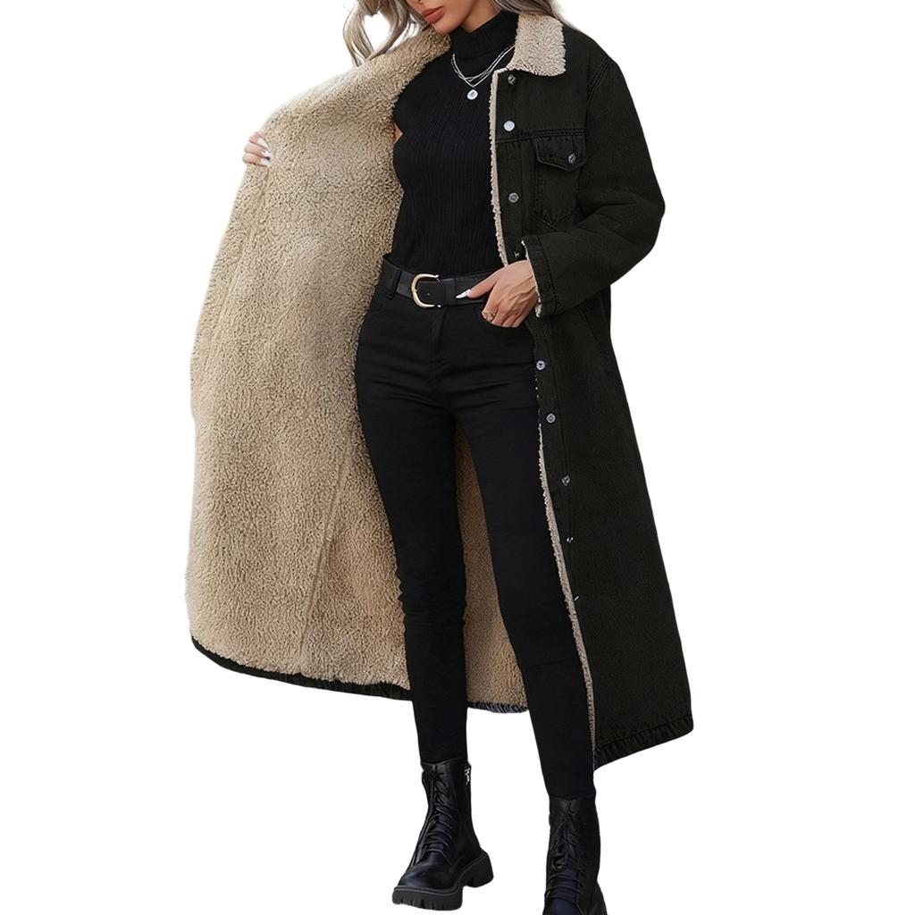 Damen Modischer Lässiger Lockerer Langer Baumwollmantel mit Fleecefutter Jeansjacke