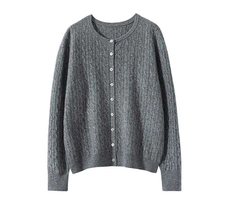 Women's Pure Cashmere Cardigan - Round Neck, Solid Color, Loose Fit, Long Sleeve Knit Sweater