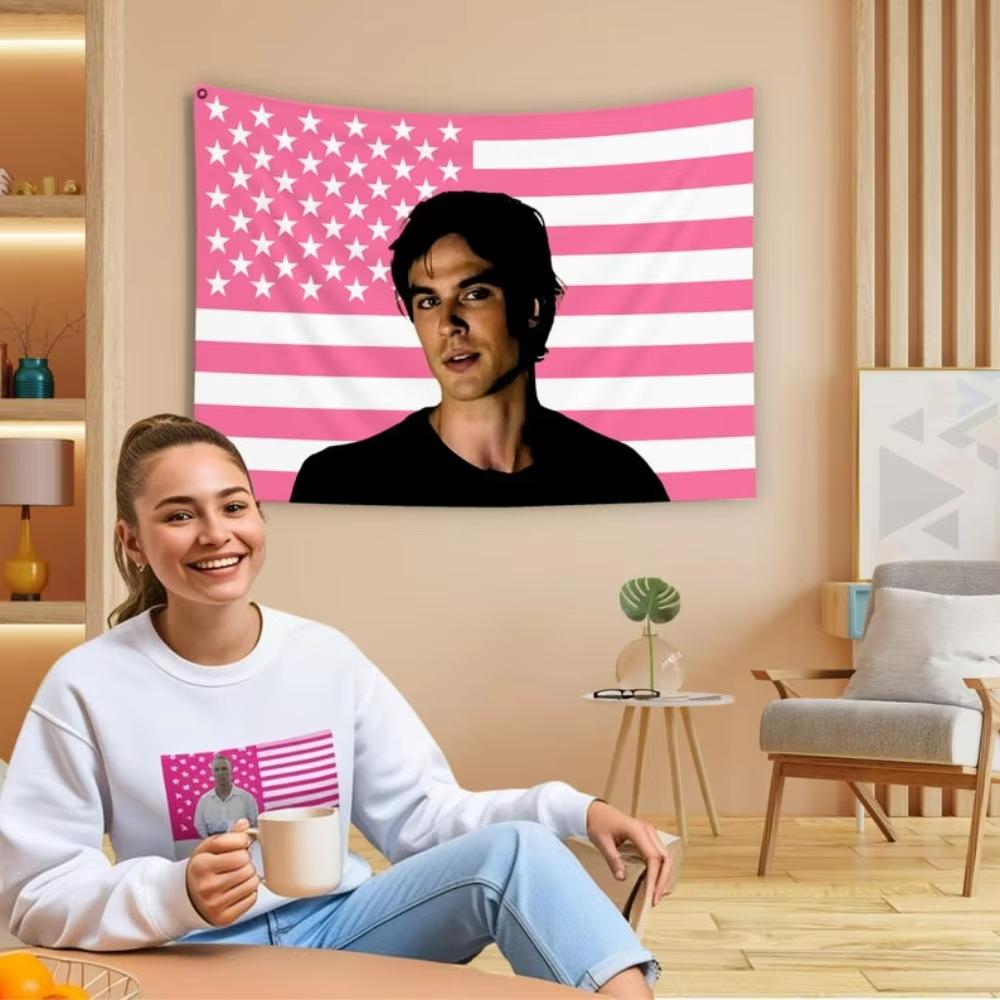 Tapiz de Bandera Americana de Ian Somerhalder Póster Clásico de TV Decoración del Hogar de Damon Salvatore Fondo Estético para Dormitorio Tapiz para Fiesta