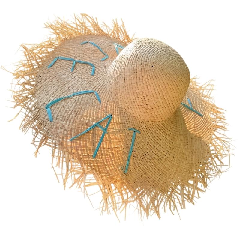 

Wide Brims Raffia Sun Hat With Blue Letter Design Fashion Outdoor Caps For Beach Vacation And Outdoor Activities 1