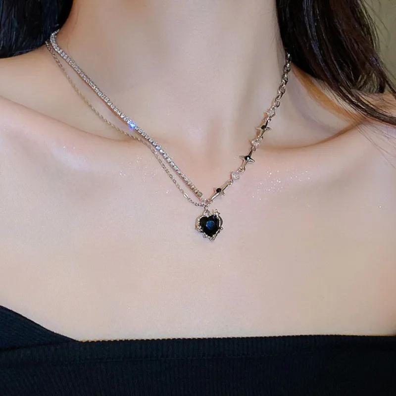 Y2K Fashion Peach Heart Water Drop Pendant Necklace Women Black Crystal Egirl Sweet Cool Punk Clavicle Chain Aesthetic Zircon