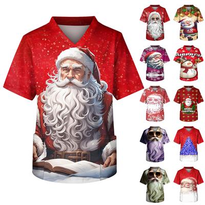 Men's Printing Short Sleeve V-neck Working Blouse Chest Pocket Carer Top