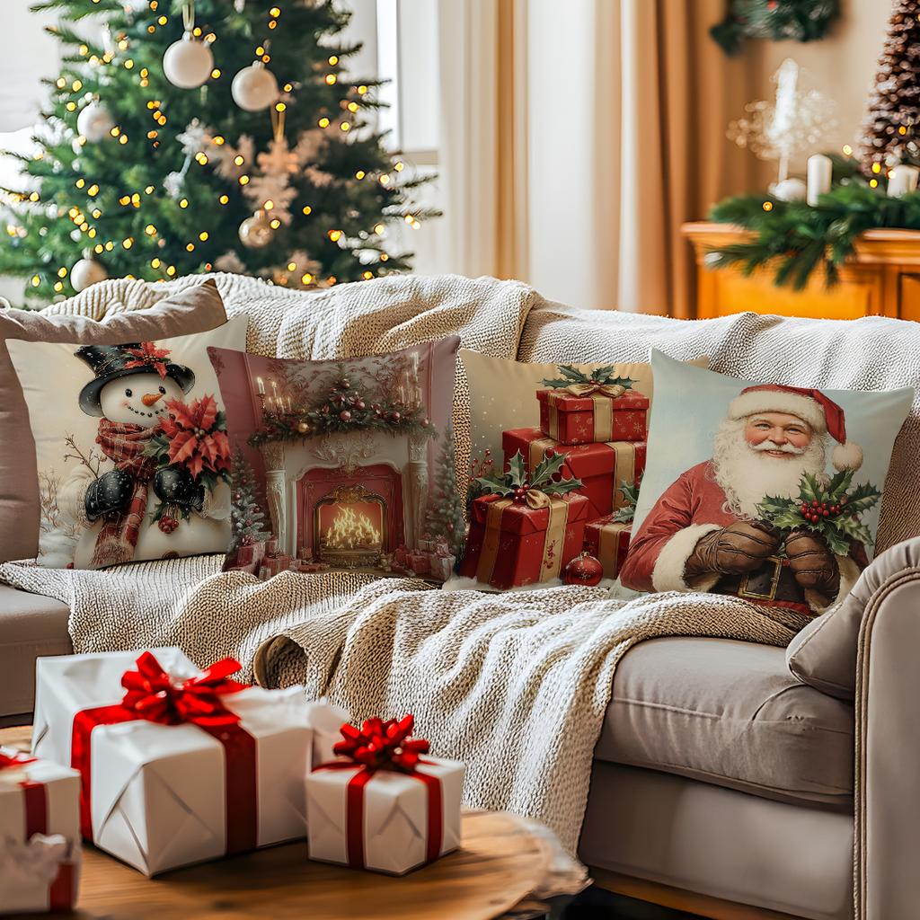 Retro Christmas Illustration Cushions Pillowcase Polyester Cushion Cover Throw Pillow Sofa Decoration Pillowcover Home Decor