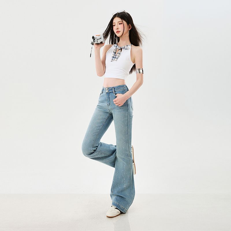 Early Spring Shiny Full Star Rhinestone High Waist Slim Horse Hoof Micro Flare Denim Pants For Women Casual Pants Oversize Denim Trousers