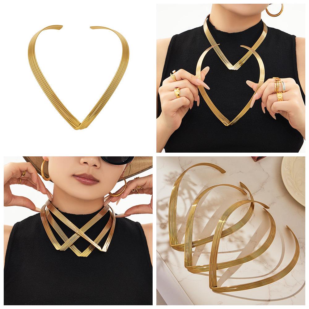 European & American 7-Layer V-Shape Choker Necklace, Punk Style Fashion, 18K Gold-Plated Stainless Steel.