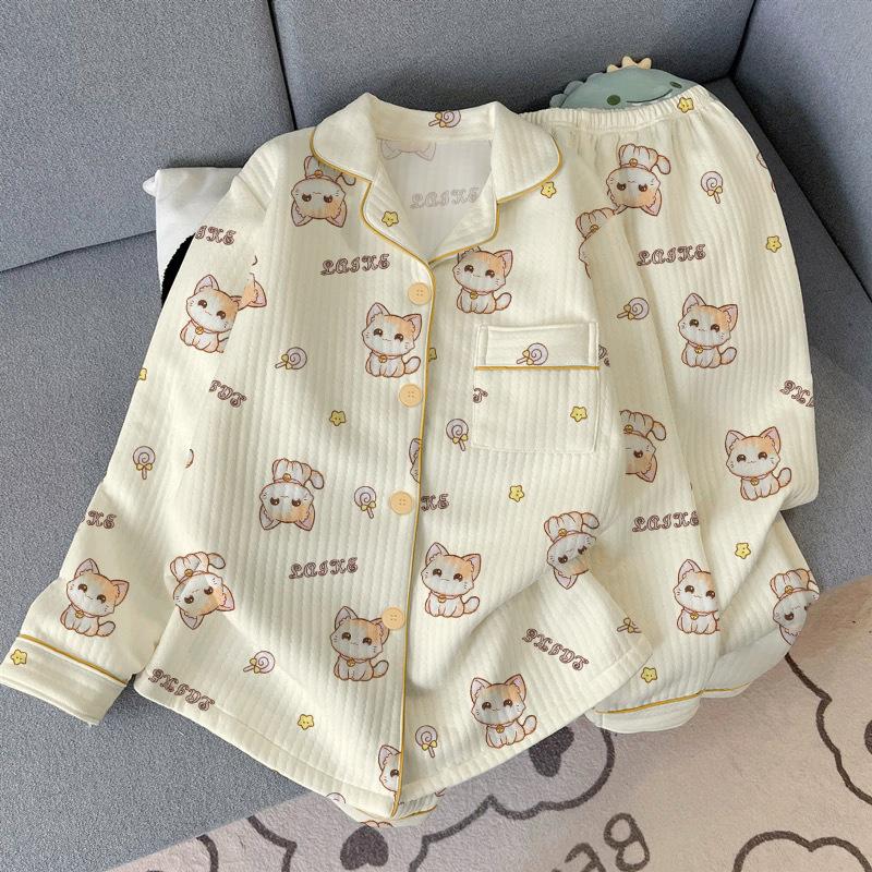 Air cotton pajamas women's autumn and winter long sleeves thickened interlayer warm stars cat student loungewear real shot