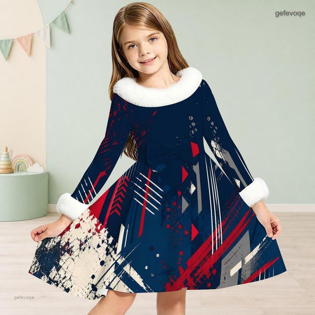 Girls High Neck Long Sleeve Tropical Leaf Printed A Line Flared Dress With Waist Bow And Furry Trim
