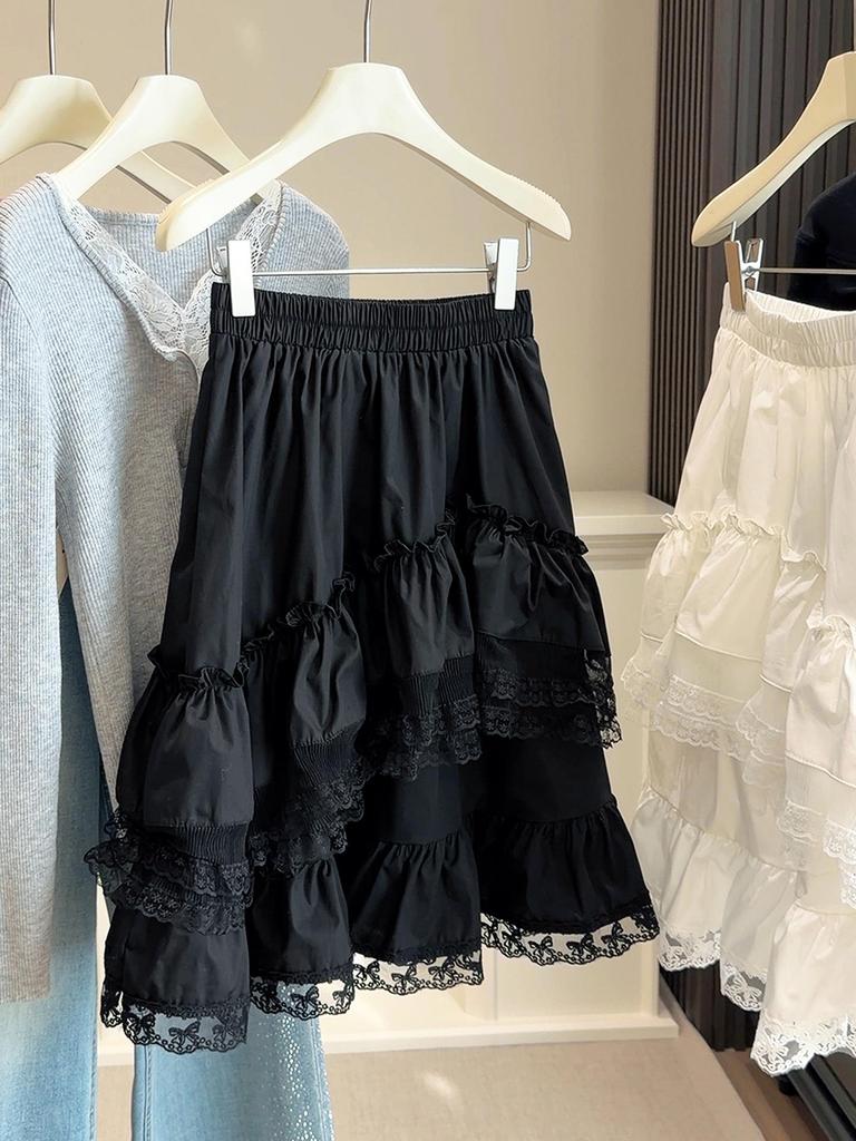 Sweet & Fresh Layered Lace Ruffle Hem Midi Skirt - High-Waisted, Fluffy Spring/Summer 2026 Collection