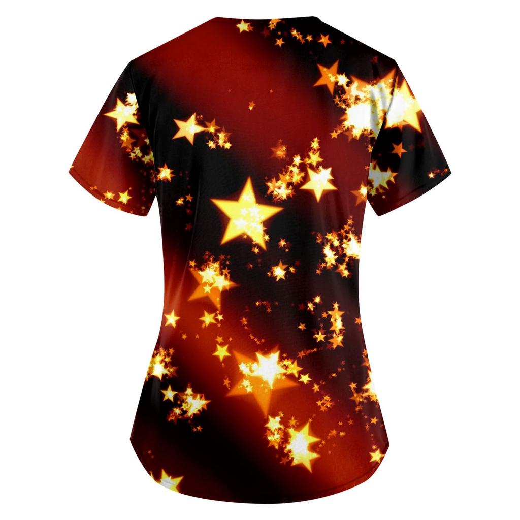 Women'S Christmas Printed Work Clothes V-Neck Double Layer Pockets Basic Top Pullover