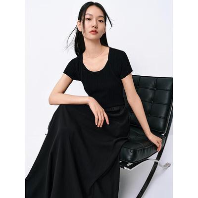 Peacebird Women's Summer Fashion Spliced Knit Short Sleeve Cinch Waist Dress