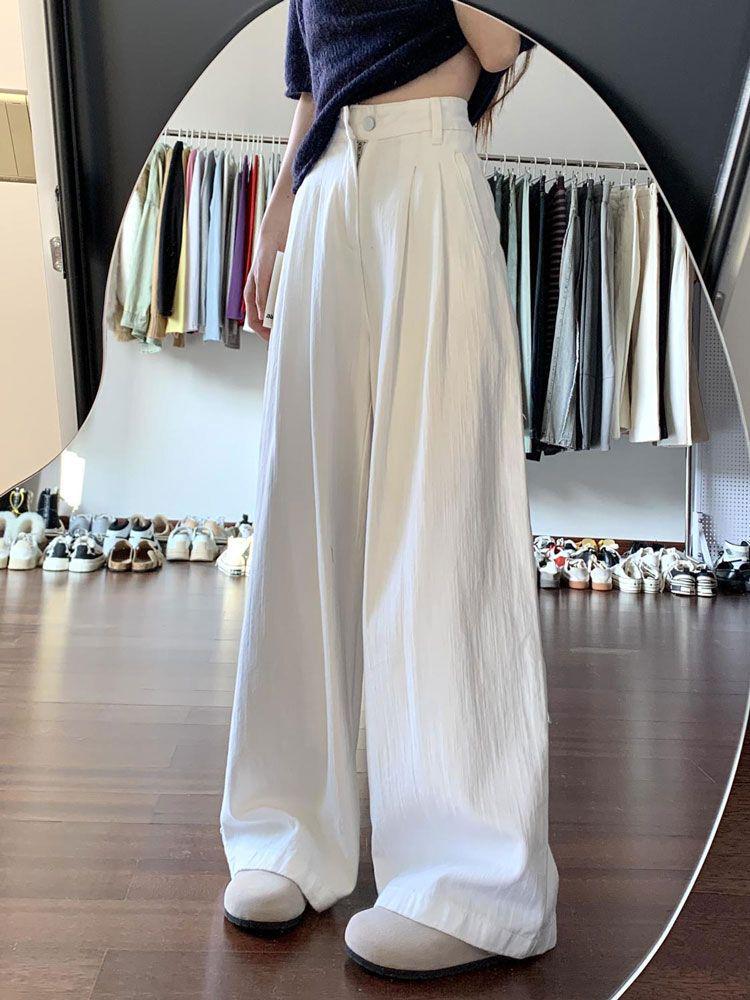 Women's Plus Size White Denim Pants: Wrinkle Texture, Floor-Length, Loose Fit, Tummy Concealing, Wide Leg