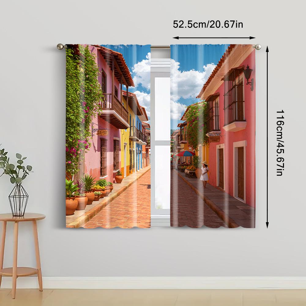 Vintage Scene Curtain Mexican Street View Protecting Privacy Holiday Decorations Use Various Room Decor Aesthetic Polyester