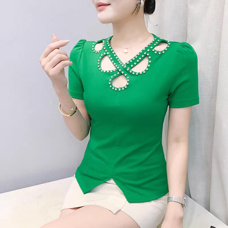 

New Streetwear Girl Clothes Cotton Beading T-Shirt Chic Sexy V-Neck Women Tops Summer Short Sleeve Slim Tees M чорний