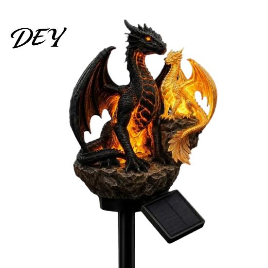 Solar Powered Lawn Decoration Dragon Garden Light, Outdoor Gothic Medieval Statue Lamp, Waterproof Walkway Illumination Resin Sculpture for Patio Yard