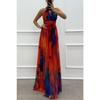 Women Lace Dresses Sleeveless Printed Round Neck Big Swinging Collar