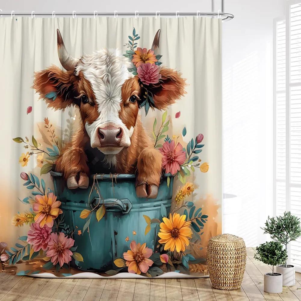 

Cow Shower Curtain, Farm Animals Watercolor Spring Cartoon Rustic Plank Flower Butterfly Barrel Sunflower Cowboy Bathroom Decor 90x180cm-35x70in