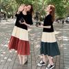 Women's Mid-Length A-line Patchwork Dress, Loose Fit, Short-Sleeved, Over-the-Knee, Summer Style