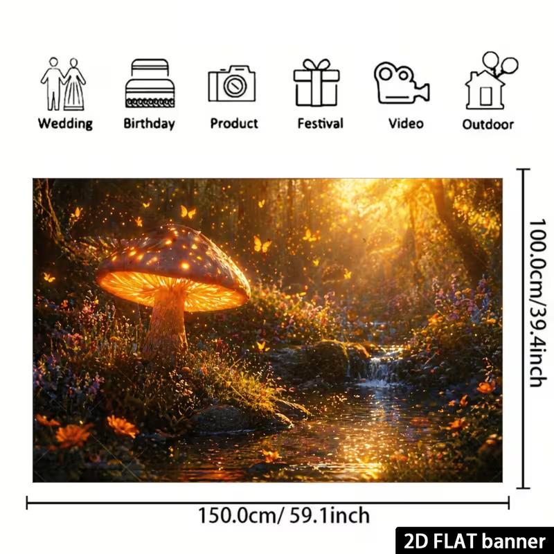 2D Enchanted Mushroom Forest Party Backdrop, Fantasy Fairy Tale Background Decoration
