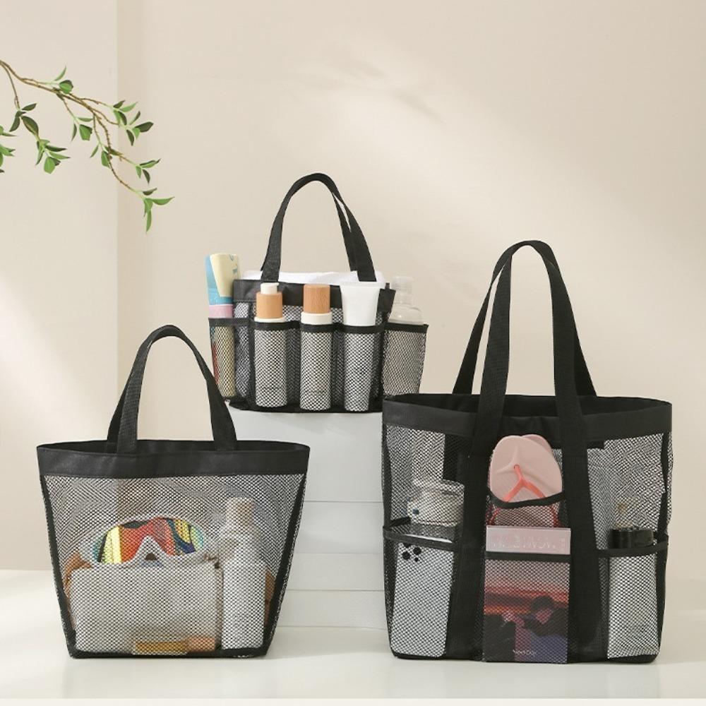 Nylon Hollow Out Handbag Zipper Swimming Tote Bag Soild Color Mesh Beach Bag  Travel
