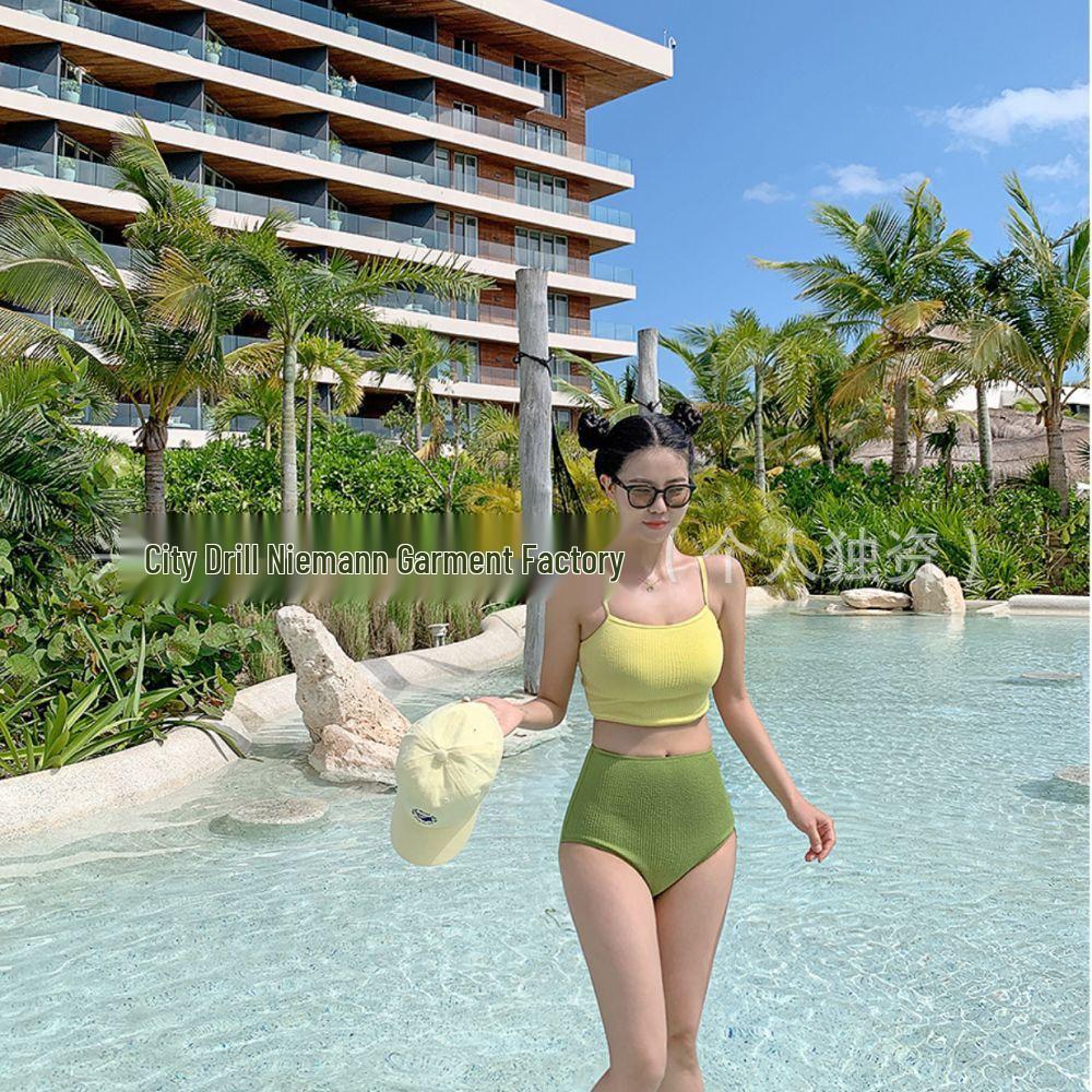 Women's Solid Color High Waist Bikini with Flesh-Covering Panel, Slimming Design, Pure Desire Style, and Color Block for Small Chest