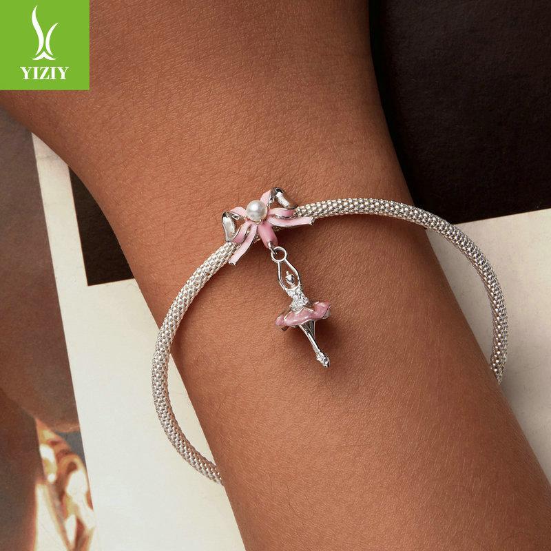 Ballet Girl Diy Pendant Accessories, Delicate Sweet Pink Bow S925 Silver Beaded