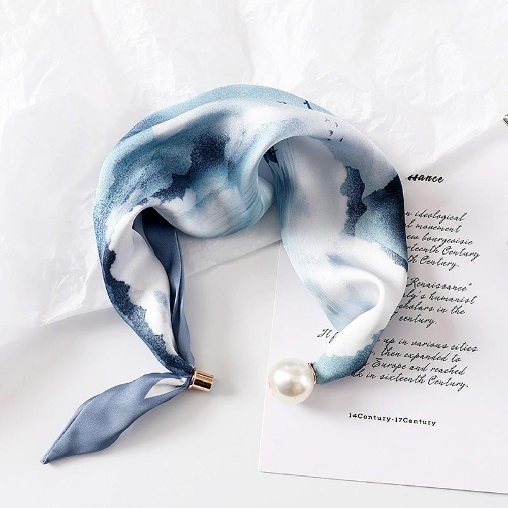 Printed Neck Scarf Pearl Buckle Neckerchief New Silk Scarf Women 08