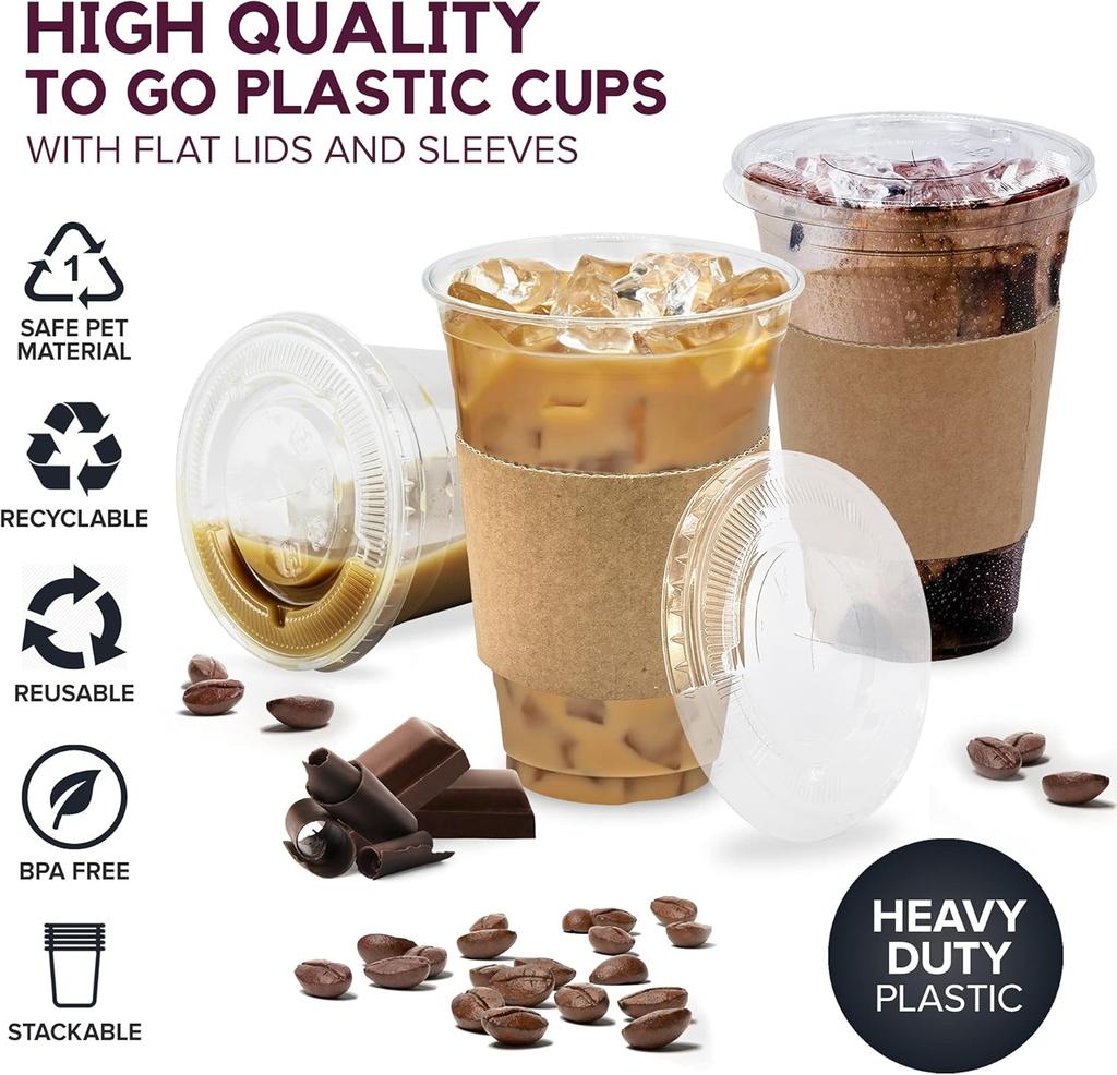 20 Sets 16/20/24OZ Clear Plastic Cups with Lids Straws Sleeve for Cold Drinks Juice Smoothie Coffee Huge Disposable Cups 1L