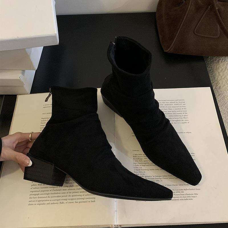 

2025 new matte suede short tube French pleated stacking boots rear zipper thick heel fashion retro western short boots 35