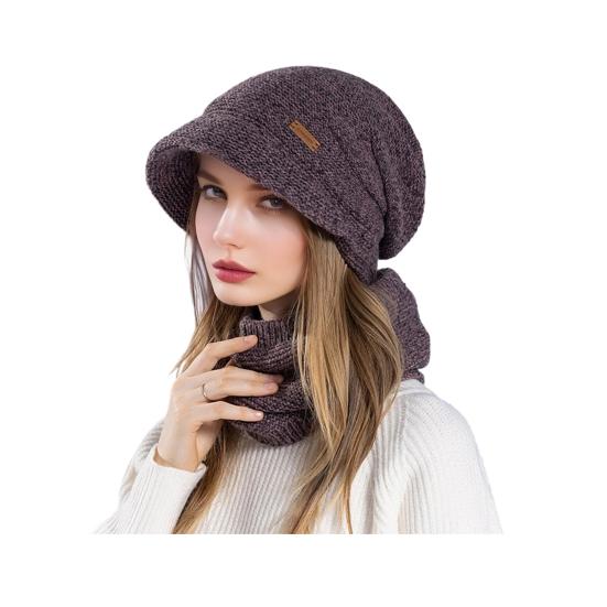 2Pcs/Set Women Winter Hat Scarf Set Solid Color Elastic Thickened Ear Protection Knitting Hat