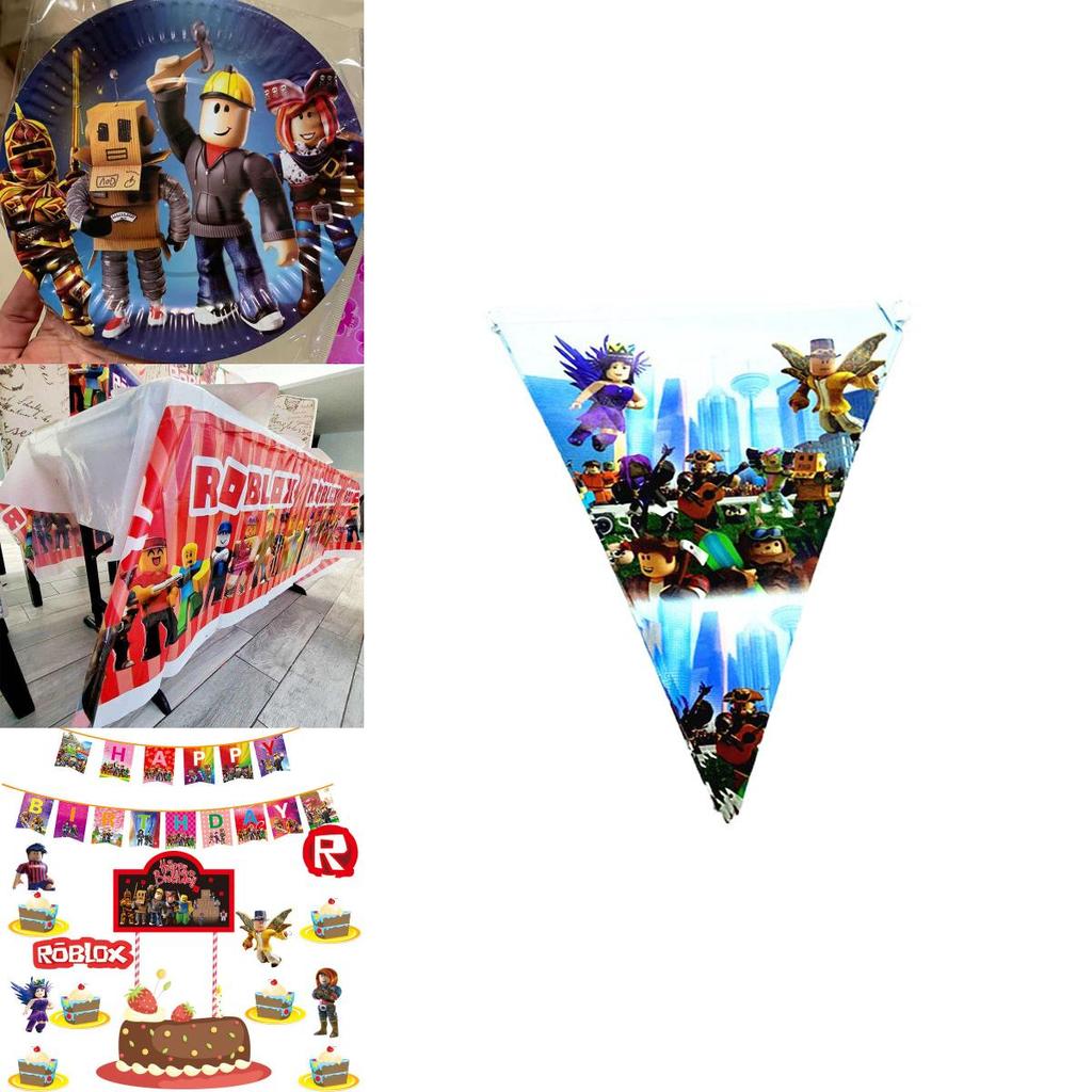 Živé party potřeby s tématem Roblox pro dětské narozeninové oslavy s bannery a ozdobami na dort