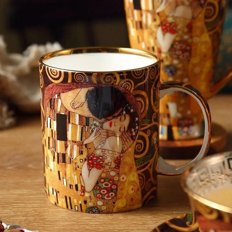 

Густав Климт Набор кофейных чашек из костяного фарфора Роскошная фарфоровая чайная чашка Кружка для кафе с крышкой Столовая посуда Свадебный подарок Домашний декор As show