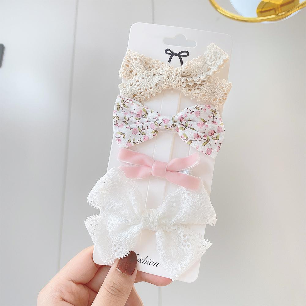 4Pcs/Set Floral Hair Clip Girl Cute Bow Flower Lace Trimming Headwear Cartoon Hair Clips Hairpin Headdress Hair Accessories Set