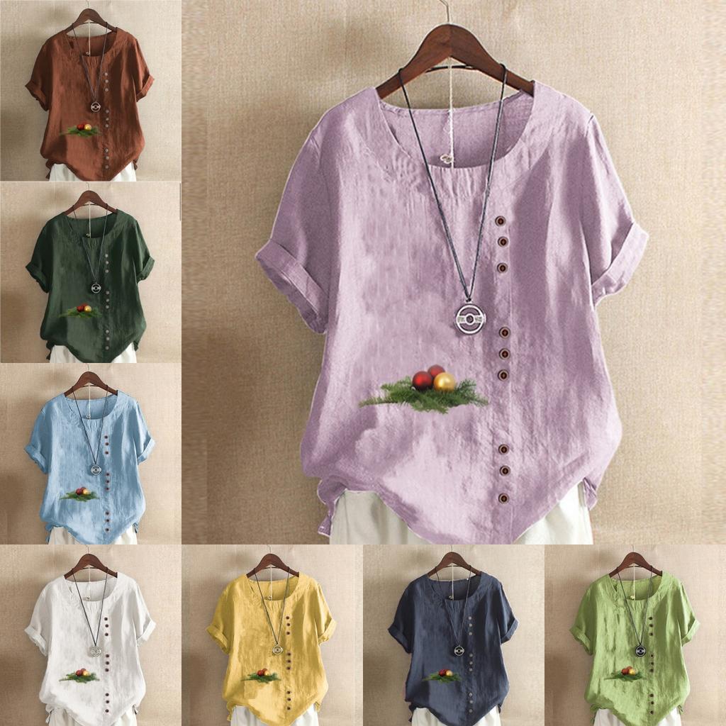 Women's Fashion Ball Prined Round Neck Short Sleeve T-shirt Casual Cotton Linen Graphic Shirt Leisure Loose Summer Blouse Tops