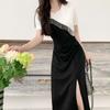 Contrasting Colors Patchwork Tassel Dresses Stylish Split Summer Elegant Folds A-Line Casual O-Neck Midi Dress
