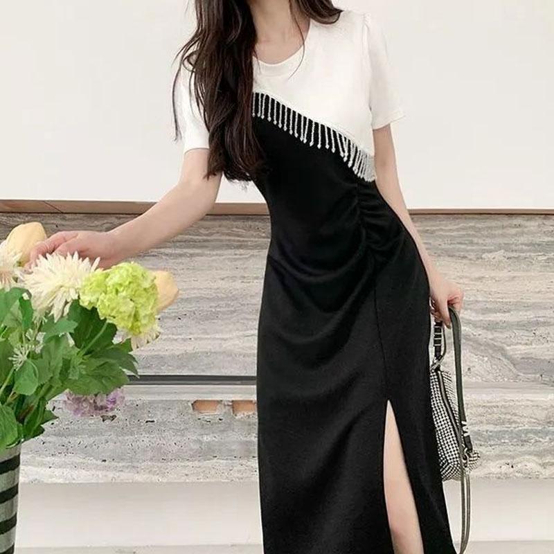 Contrasting Colors Patchwork Tassel Dresses Stylish Split Summer Elegant Folds A-Line Casual O-Neck Midi Dress