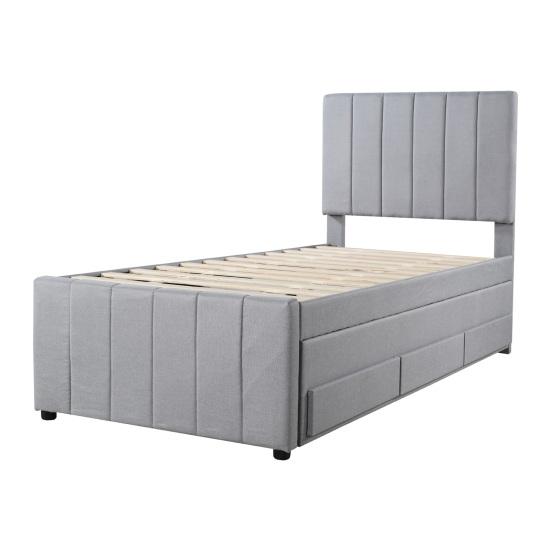 Youth Bed 90x200cm Cotton Linen Fabric Storage with Drawers Pull-out Single Headboard Lines