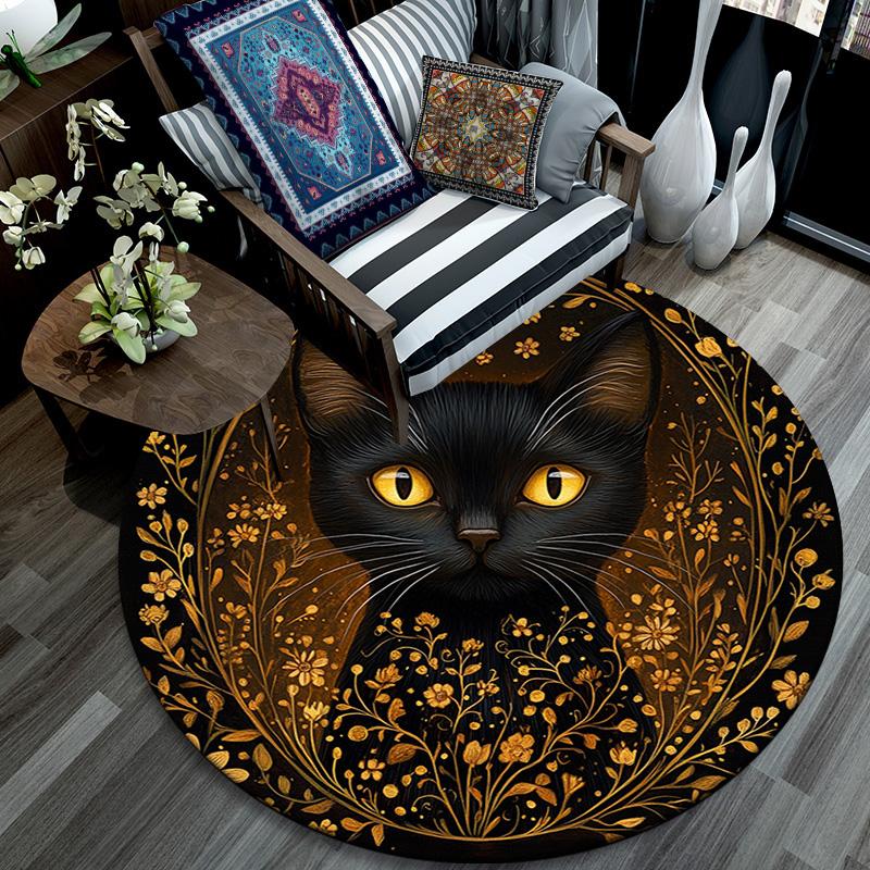 Golden Framed Black Cat Round Area Rug,Carpet Rug for Living Room Bedroom Sofa Playroom Decor,Non-slip Floor Mat