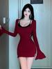 Nightclub Sexy and Beautiful Hip-wrapped Long-sleeved Dress Red U-neck T-shirt Skirt Pure Desire Horn Sleeve Waist Tight Skirt
