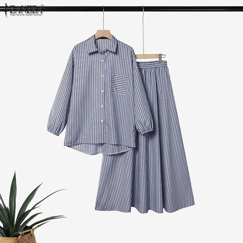 ZANZEA Women Long Sleeve Blouse and Long Skirts Stripe Print Two Piece Suit Sets