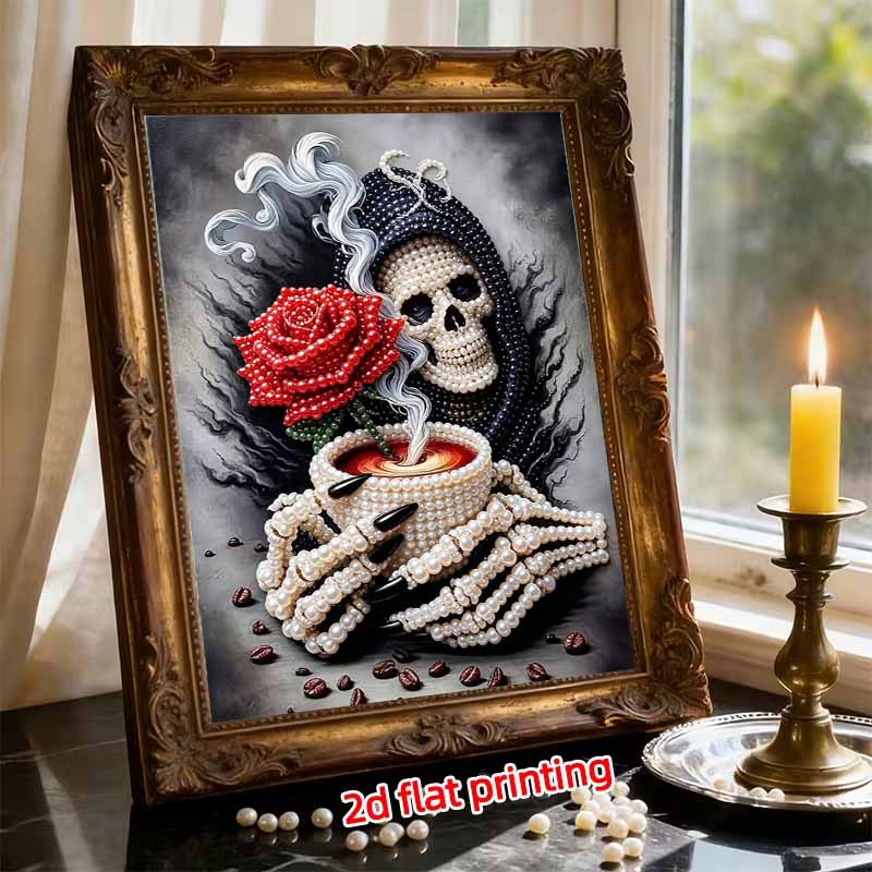 Frameless Pearl Painting Kit Gothic Skeleton Red Rose Coffee Pattern DIY Shiny Bead Canvas Creative Leisure Craft Gift for Adults
