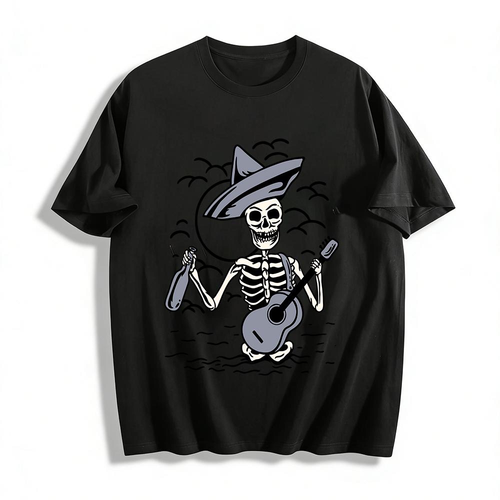 

Day of the Dead Sombrero Skeleton Guitar Graphic Tee Pure cotton T-shirt XXS