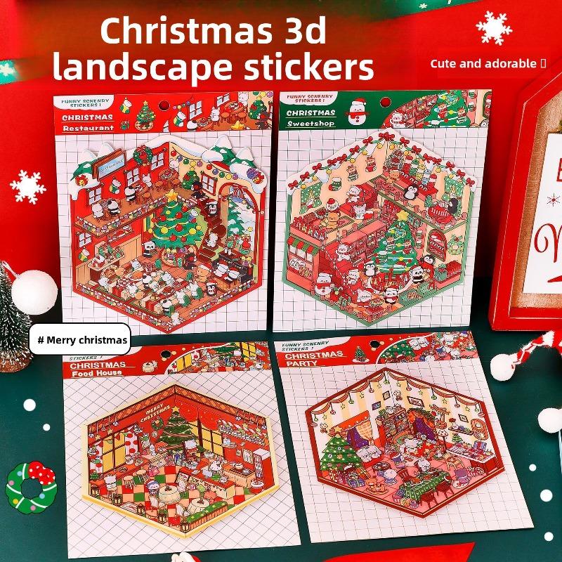 Urocze naklejki ze sceną świąteczną, trójwymiarowe miniaturowe naklejki dekoracyjne ze sceną, materiały do planowania świątecznego z kreskówkami, prezenty
