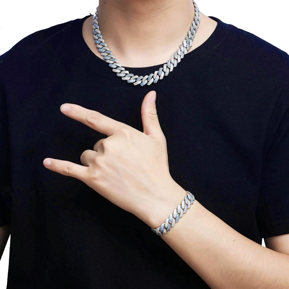 Gioielli Hip Hop Personalizzati Larghezza 14mm Iced Out Argento e Zircone Blu Bicolore CZ Incastonatura Maglia Cubana Bracciale
