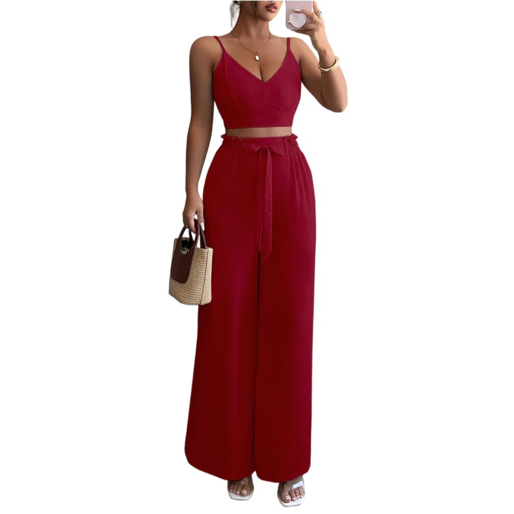Ladies' Summer Loose Comfortable Casual Fashionable And Elegant Suspender Wide Leg Pants Two-piece Set