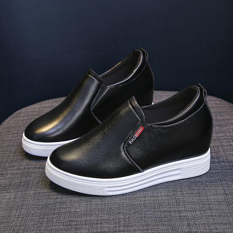 Inner heightening women's shoes leather surface white shoes women's spring and summer new Korean version of slope heel platform casual shoes one peda