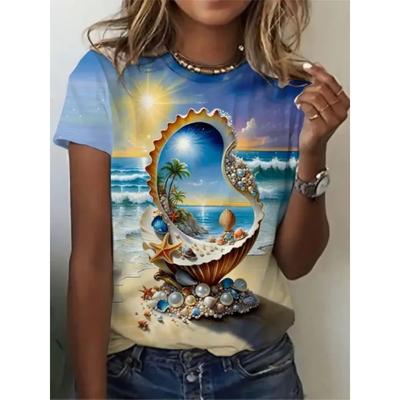 Modisches buntes T-Shirt mit Meeresmotiv, bequem, locker, kreativ, kurzärmlig für Damen