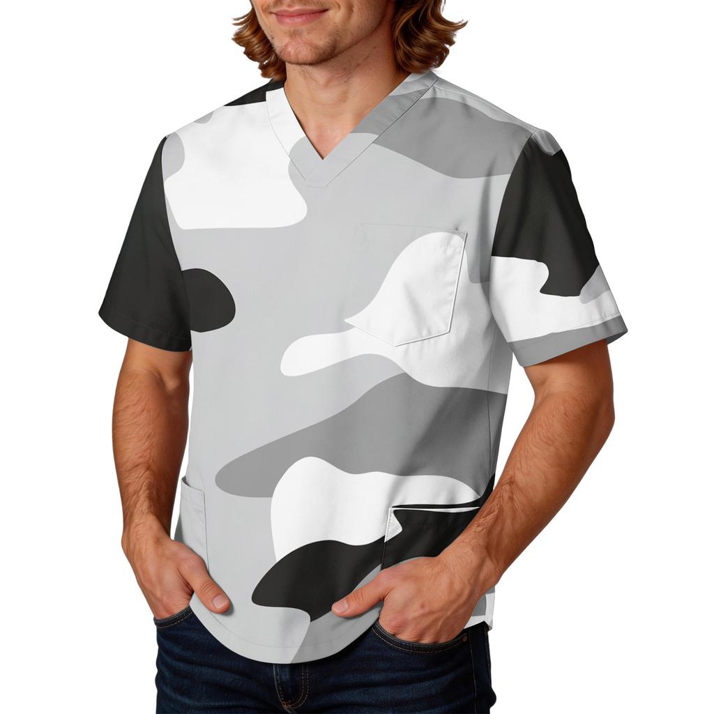 Mens V Neck Scrub Top with Camouflage Print Short Sleeve Classic Fit Lightweight Breathable Uniform Shirt