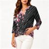 Camisa Vintage para Mujer con Estampado Floral, Cuello Henley con Botones, Manga Tres Cuartos, Blusa Casual de Algodón y Lino