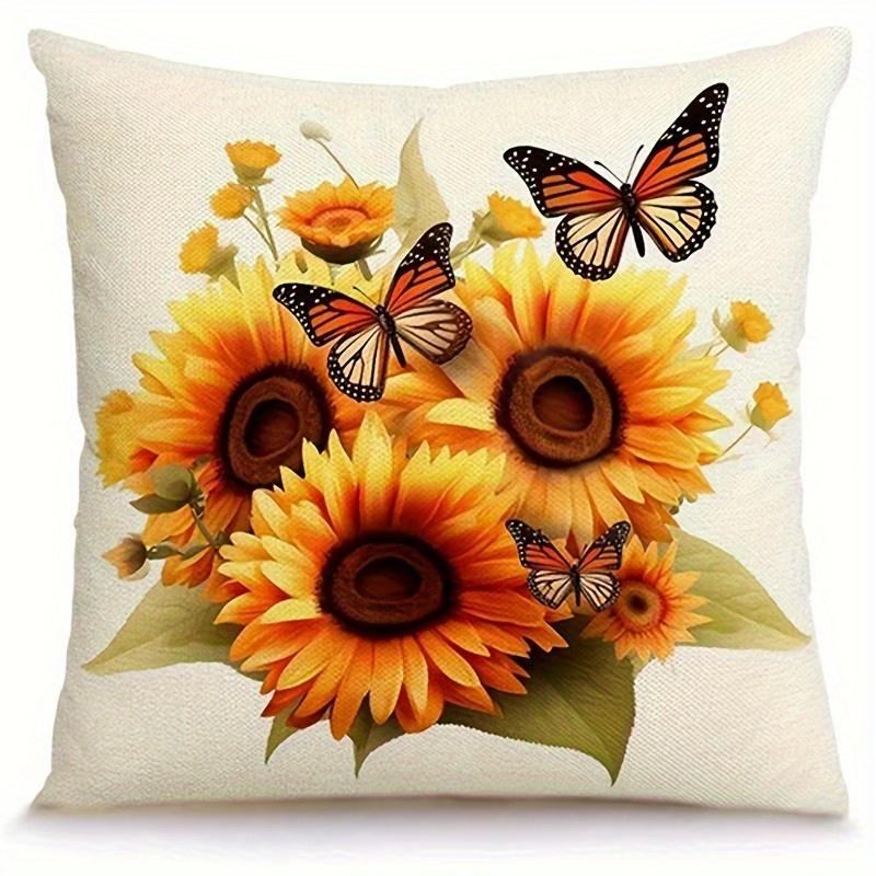 4-teiliges realistisches Sonnenblumen- und Schmetterlings-Kissenbezug-Set, das lebendige Farben in Ihr Zuhause bringt, einseitig bedrucktes Sofa